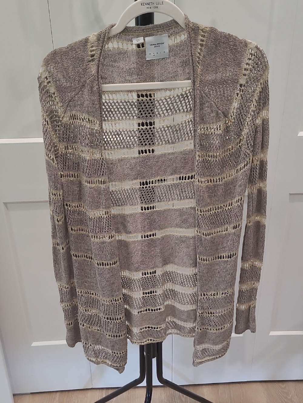VERO MODA Taupe and Cream Open-Knit Striped Cardigan